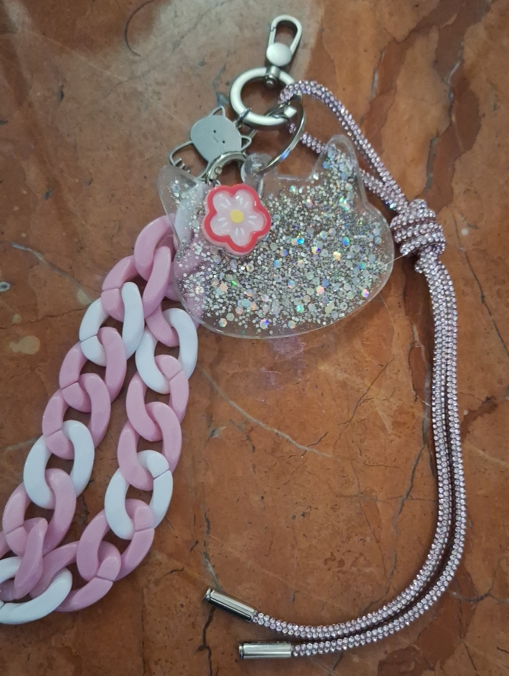 Pink Glitter Cat Keychain Bag Charm with Kitty Cat Charm